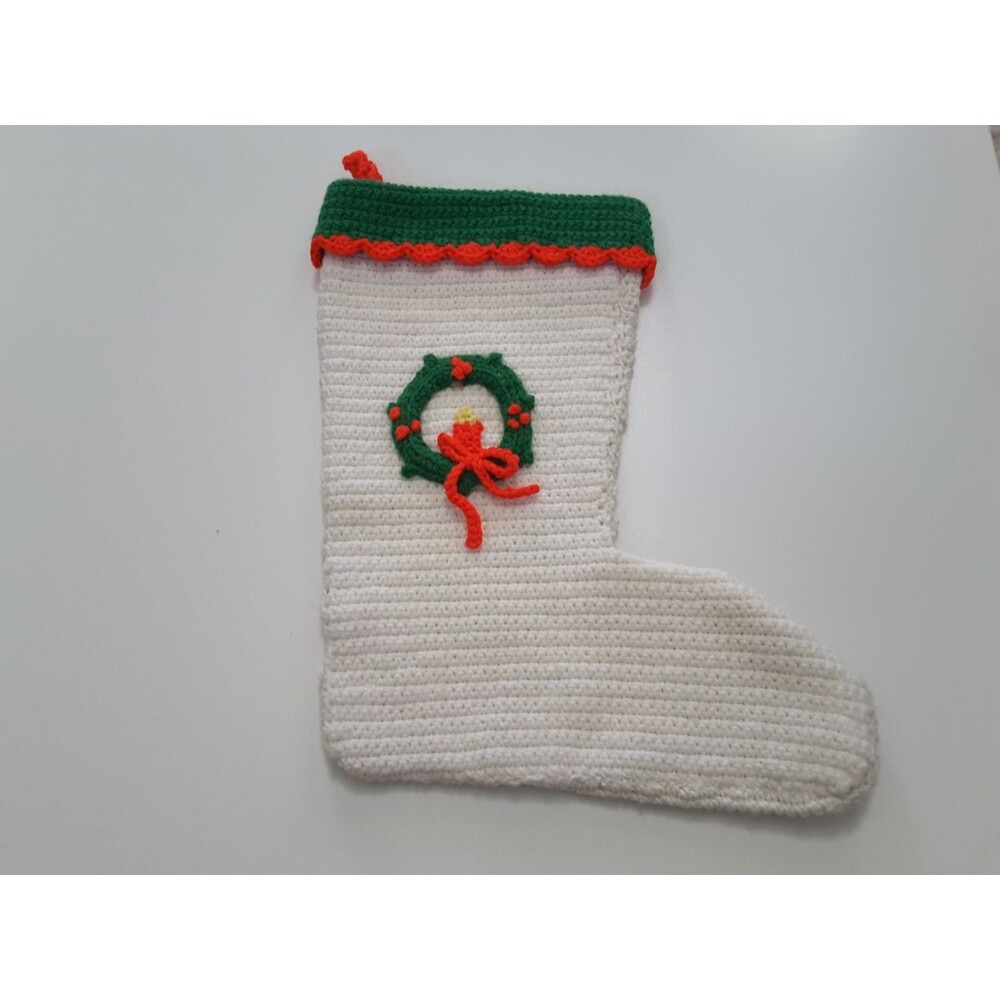 Vintage Handmade Crocheted Large Stocking with Wreath